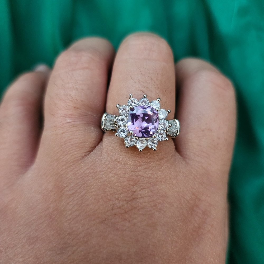 Size 8 Lavender Purple Cubic Zirconia Ring Bling Halo Cushion Cut Silver
